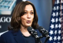Kamala Stuns Crowds With Brutal Trump Takedowns Kamala Harris, Vice President, press conference, podium, microphones, American flag, White House, government official