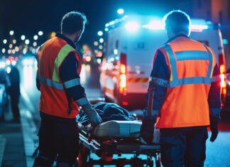 Man Kills Himself After Teeth Removal Disaster ambulance, paramedics, emergency responders, stretcher, patient transport, night scene, emergency lights, first responders